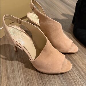 Vince Camuto Tan Peep-Toe Slingback Heels